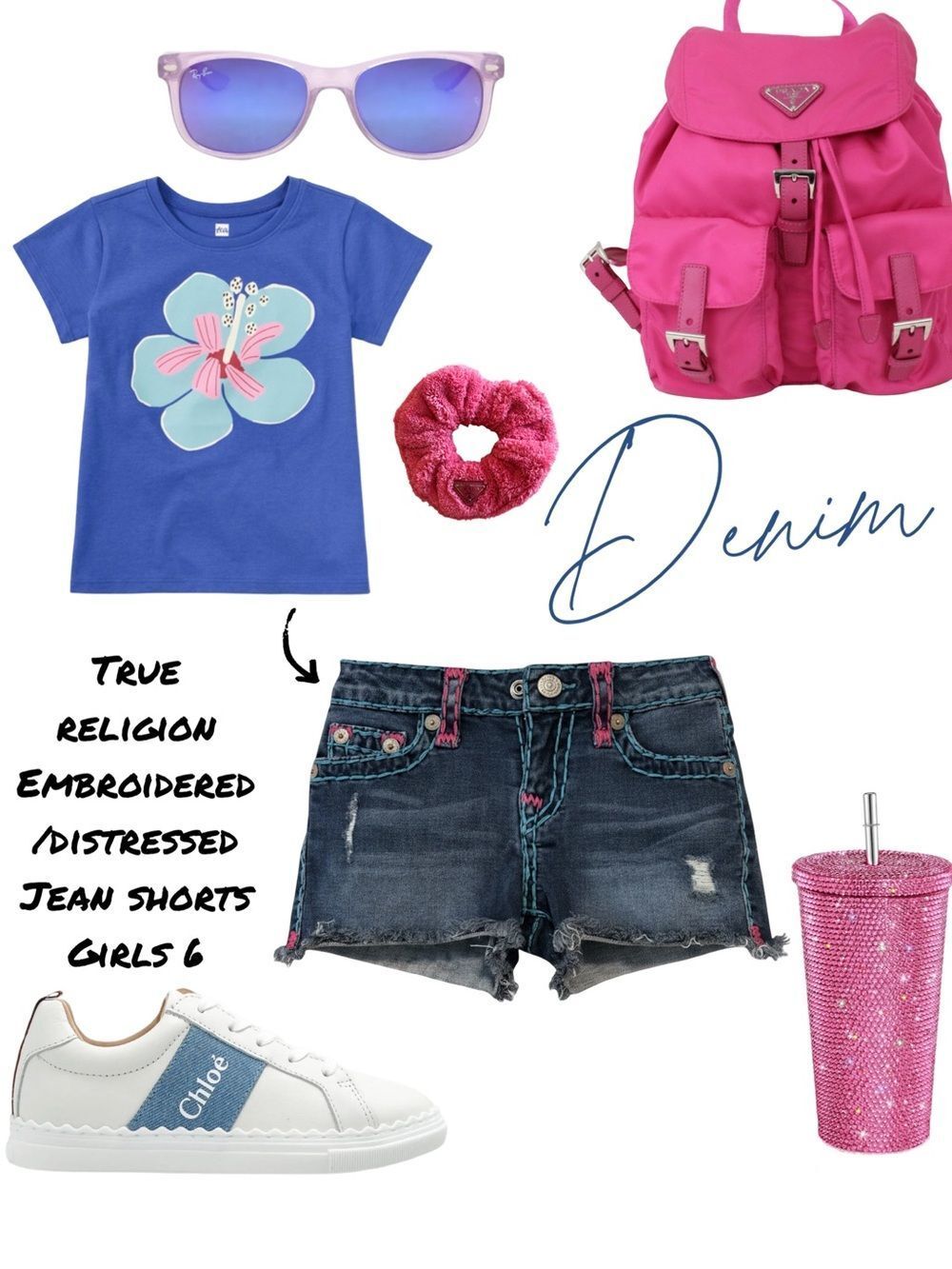 True Religion Girls Dark Wash Denim Shorts with Blue & Pink Trim